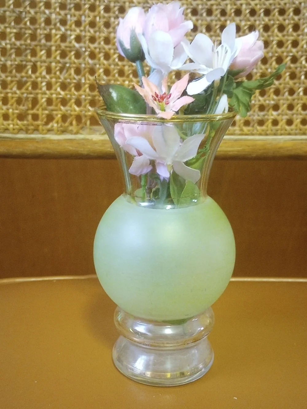 Vintage Glass Vase w/ Pink, Green & Red Painted Floral Design & Gold Trim